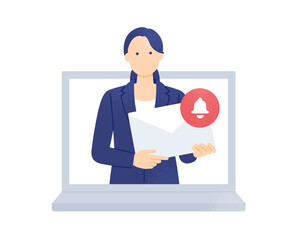 重要なお知らせやニュースの受信。リマインダーや更新情報の確認。メールを持つビジネスウーマン。