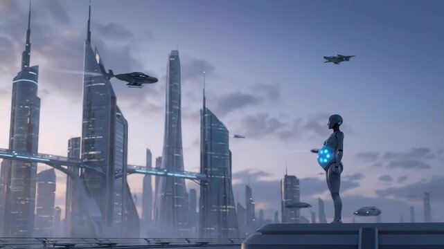 Robot woman with glowing womb in futuristic city with flying vehicles, concept for artificial intelligence and maternity
