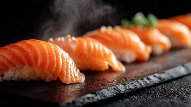 Delicious fresh salmon nigiri sushi with warm steam, truly appetizing Japanese seafood dish. Gourmet food featuring traditional orange fish on slate platter, healthy meal