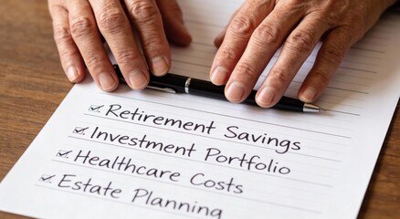 Hands over retirement planning checklist with a pen ,Active aging Finance concept.