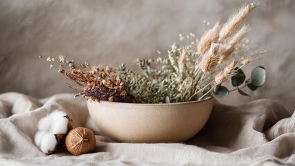 Beige ceramic bowl holds dried flowers and grasses on linen, with a cotton boll and a dried onion nearby. Concept Dried flowers and grasses, Beige ceramic bowl, Linen backdrop, Cotton boll