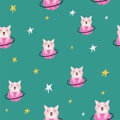 Adorable Corgi Puppy in Outer Space with Stars and Planets Seamless Pattern, Background for Nursery