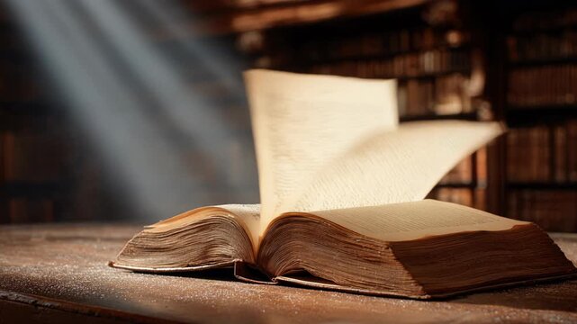Mysterious light illuminates an old open book in vintage library, its ancient pages gateway to forgotten knowledge, history, and timeless pursuit of wisdom