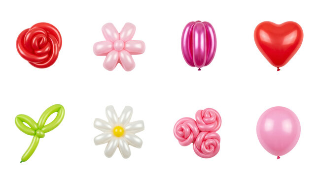 Balloon art set including rose, daisy, heart, leaf, and round shapes isolated. Decorative party and celebration collection.
