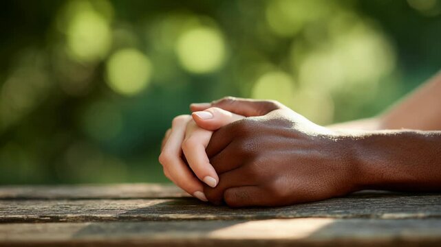 Peaceful interracial couple holding hand together outdoors. beautiful symbol of love, support, connection, and unity showing deep hope, comfort and faith in their relationship