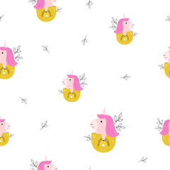 Cute Unicorn in Yellow Pocket Seamless Pattern Cartoon Magic Animal Vector Illustration.