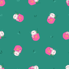 Adorable Baby Sloth Character Seamless Background for Nursery. Happy Sloth Mascot Peeking from Pocket