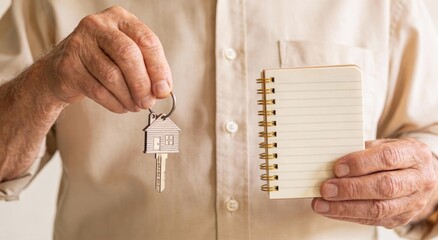 Hands holding a house-shaped key and a blank spiral notebook ,Active aging Finance concept.