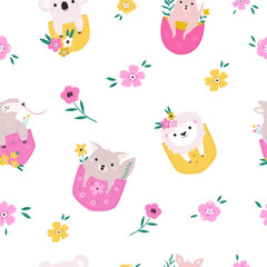 Adorable Baby Koala, Fox, Sheep, and Kangaroo Characters with Pink Flowers Seamless Background. Whimsical Animal Mascot Collection Peeking from Pockets