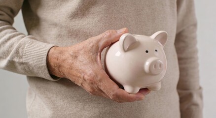 Elderly person holding a piggy bank ,Active aging Finance concept.