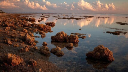 Sunset over a rocky shoreline with brown jagged rocks and calm water reflecting pink clouds. Concept Sunset shoreline, Rocky coast, Brown jagged rocks, Calm water reflections, Pink clouds