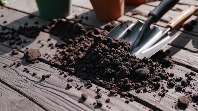 Gardening trowel on rustic wooden table, outdoor potting bench with tools and empty flower pots, surrounded by green foliage