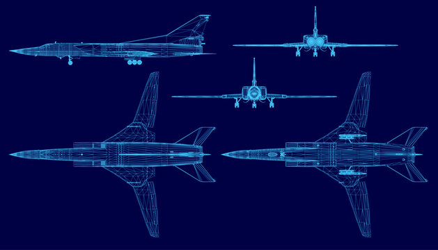 Blueprint of military fighter jets in triangular formation on a blue background. The detailed wireframe set clearly shows engines, wings, and tail structures.