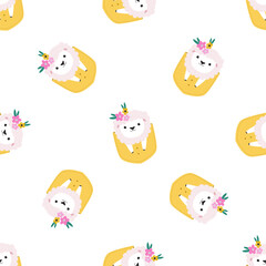 Cute Sheep in Yellow Pocket Seamless Pattern Cartoon Lamb Vector Illustration for Kids