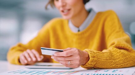Close up of woman holding credit card and using tablet for online shopping and financial data analysis - Powered by Adobe