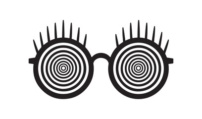 Black and white hypnotic glasses with spiral lenses and long eyelashes, funny disguise and optical illusion vector illustration
