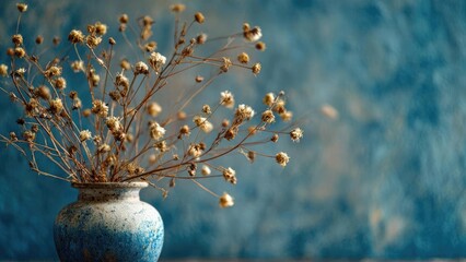 A rustic blue ceramic vase filled with dried beige flowers against a textured blue backdrop. Concept Rustic blue vase, Dried beige flowers, Textured blue backdrop, Ceramic decor