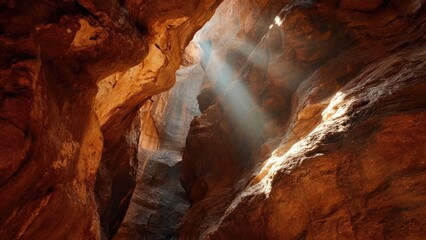 Sunlight streams through a narrow slot canyon, lighting the orange-red rock walls. Concept Slot canyon lighting, Golden hour sun, Orange-red rock walls, Narrow canyon rays, Sunlit rock formations