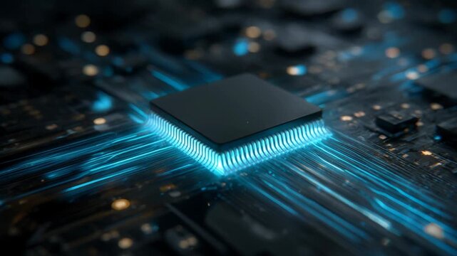 Futuristic glowing blue processor chip on computer circuit board. powerful technology concept for advanced data processing, innovation, and artificial intelligence ai