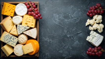Assortment of Gourmet Cheeses and Fresh Red Grapes Artfully Arranged in a Rustic Wooden Tray on a Dark Textured Surface