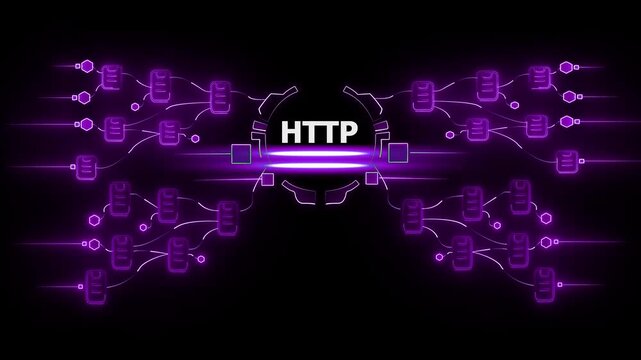 H T P protocol concept with glowing purple network connections and data transfer on a black background