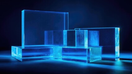 Blue illuminated glass blocks arranged in a stepped, geometric stack. Concept Blue illuminated glass blocks, Stepped geometric stack, Architectural lighting, Translucent modular cubes