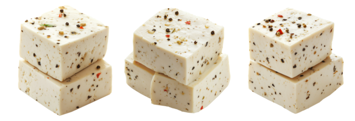 Cubes of seasoned tofu with visible herbs and spices, arranged in stack isolated on white transparent background
