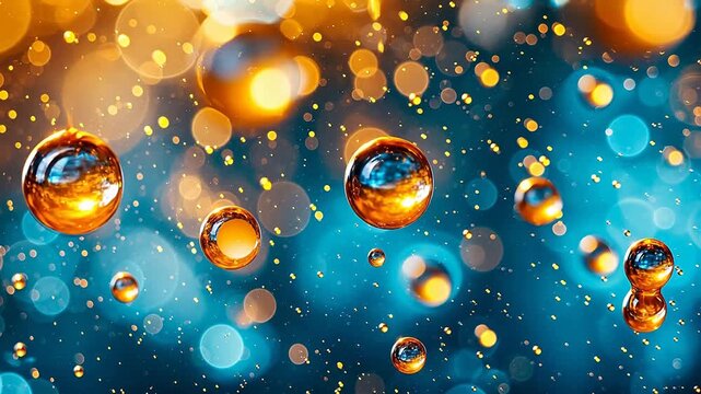 Abstract blue and gold water drops background with bokeh lights, macro transparent liquid bubbles and blurred spots. Dreamy light texture for cosmetics ads, holiday decoration, technology concepts, or