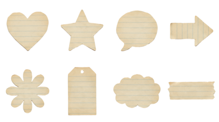 Lined paper shapes set including heart, star, flower, speech bubble, and tag variants. Vintage stationery and scrapbook scrap collection.