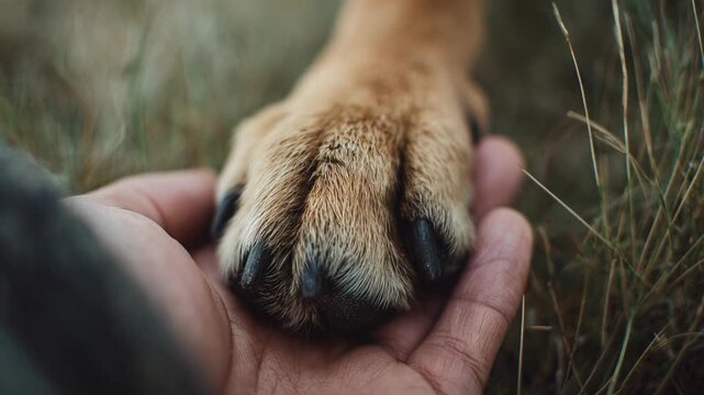 Emotional close up of human hand gently holding dog paw, powerful symbol of unbreakable trust, friendship, and love defining deep connection between an owner and their pet
