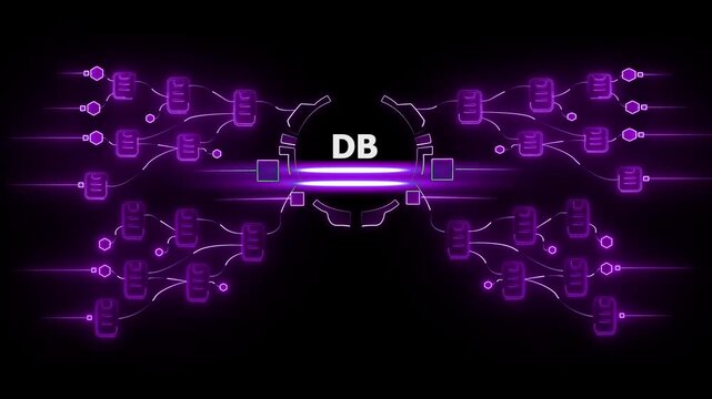 Database Connection Network Visualization with Purple Neon Lines and on Black Background