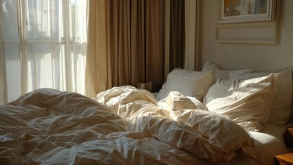 A messy bed with white sheets and pillows by a sunlit window. Concept Messy bed aesthetic, White sheets and pillows, Sunlit window, Cozy morning vibe, Casual bedroom mood