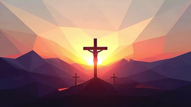 A silhouette of christ's crucifixion on calvary hill against a vibrant low-poly sunset