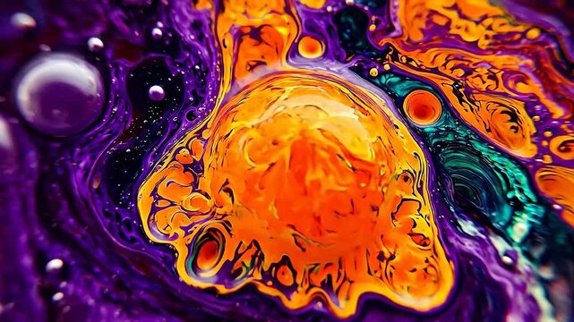 Abstract orange and purple fluid art background with psychedelic liquid acrylic paint texture resembling cosmic nebula or lava lamp effect. Vibrant modern creative design for wallpapers, decorative pa
