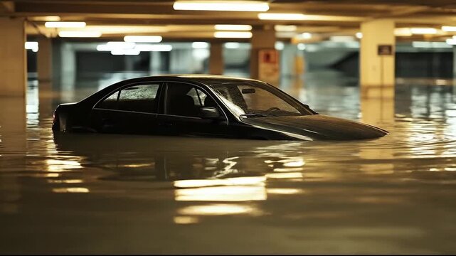 A submerged black car in a flooded parking garage evokes a sense of crisis.