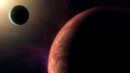 Cinematic motion render of sci fi space alien planet and moon near a glowing star, detailed exoplanet surface, deep space background, dramatic lighting, futuristic and mysterious mood