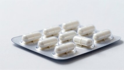 White capsules in blister pack on white background