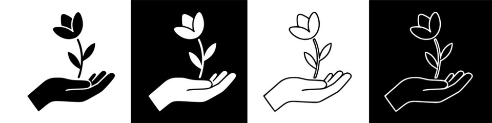 Conceptual graphic icon: human hand gently holding a blooming flower blossom, symbolizing care.