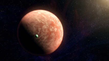 Fototapeta premium Cinematic motion render of sci fi space alien planet and moon near a glowing star, detailed exoplanet surface, deep space background, dramatic lighting, futuristic and mysterious mood