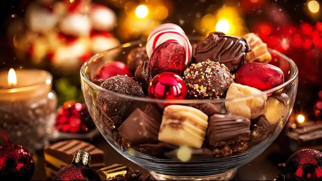 A festive bowl of assorted chocolates, evoking warmth and celebration.