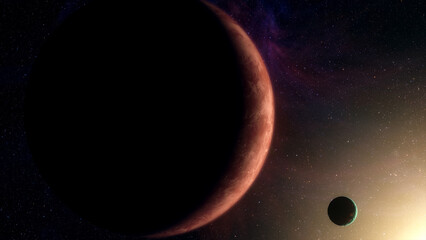 Cinematic motion render of sci fi space alien planet and moon near a glowing star, detailed exoplanet surface, deep space background, dramatic lighting, futuristic and mysterious mood