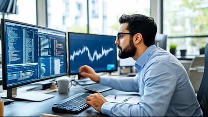 A focused man analyzing data on multiple screens in a modern office.
