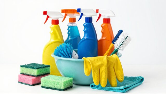 Cleaning supplies with spray bottles sponges brushes gloves - Powered by Adobe