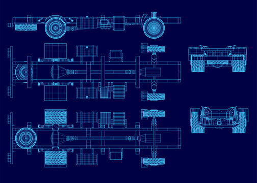 Detailed blueprint of a truck chassis set in wireframe view on a blue background. The technical drawing clearly displays the wheels, suspension, and other structural components.