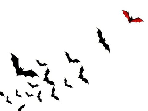 Black bats flying with one red bat isolated on white background