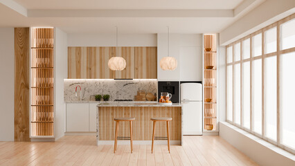 Luxury modern kitchen design with wood island, marble backsplash, and white cabinets in cloud dancer 2026 palette- 3D rendering