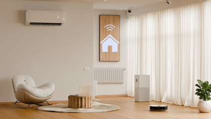 Modern smart home interior with IoT technology featuring air purifier, robot vacuum, and air conditioning in cloud dancer 2026 color palette- 3D rendering