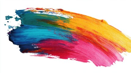 Vibrant brushstroke with multicolored paint streaks on white background.