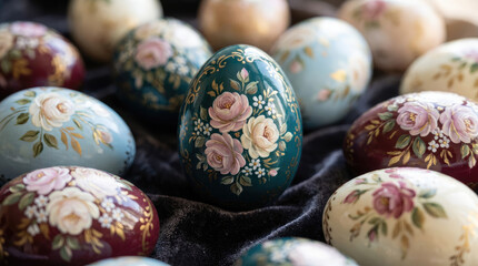Decorated eggs are displayed with floral designs and various colors with one green egg standing out from the rest of the collection