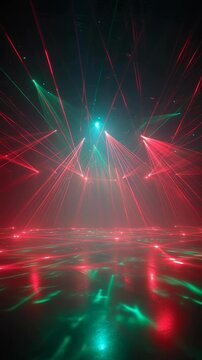 Vibrant laser beams radiate outward in a dark room with fuzzy edges and a probable fourth dimension ambiance and_fuzzy_edges,_a_(1)_prob4